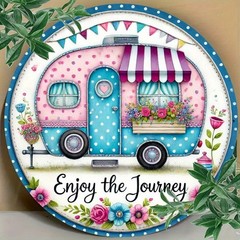 Enjoy the Journey Camper Metal Sign Colorful Floral Round Wall Decor for RV Home