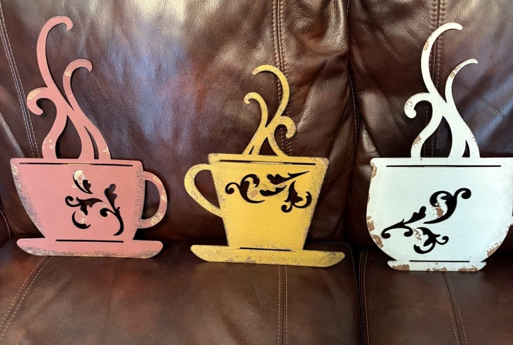 Set Of 3 Rustic Metal Cut Art Coffee Tea Cup Wall Decor Shappy Chic