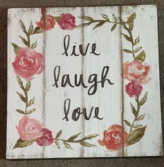 Decorative Wooden Wall Sign “live laugh love” Framed by Floral Wreath