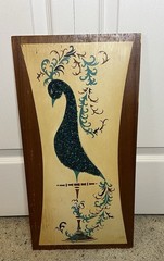 Vintage MCM Plastic Popcorn Pebble On Wood Wall Art Plaque Teal Peacock Bird