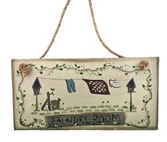 Laundry Room Wall Sign Wooden Painted Birdhouse Clothesline Floral 12″Lx5″