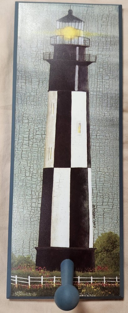 Lighthouse Nautical Wood Wall Plaque Decorative Hanging Hook Blue Black White