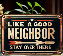 NEW 2D 8″x12″ Funny Vintage Metal Sign “Like A Good Neighbor Stay Over There”