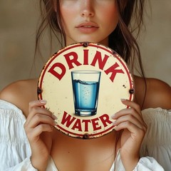 [2D Flat] 1pc Vintage “Drink Water” Tin Metal Signs – 8x8in” Round Wall Decor wi