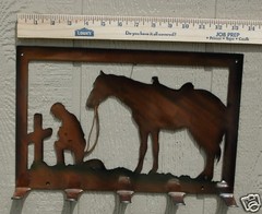 Cowboy Praying At Cross Key or Lead Rope Hanger Metal Wall Art