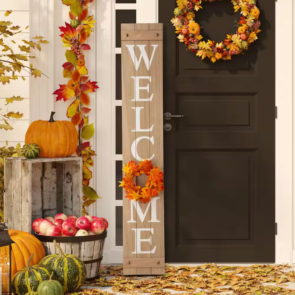 60 In. H Wooden Welcome Porch Sign with 4 Changable Wreathes (Spring/Patriotic/F