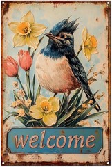 Metal Wall Sign Aluminum 8×12 Flowers Birds Welcome Funny Retro Decor