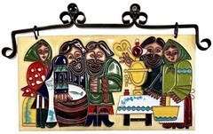 Russian Folk Art Enamel Wall Plaque Samovar Kitchen Scene Copper Tile