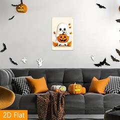 Halloween Cute Ghost Pumpkin Metal Tin Sign Autumn Leaves Home Decor Wall Art