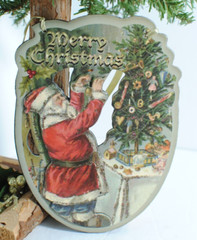 Vintage Santa and Angels Hanging 8in on Ribbon Victorian Christmas Sign Lot of 2