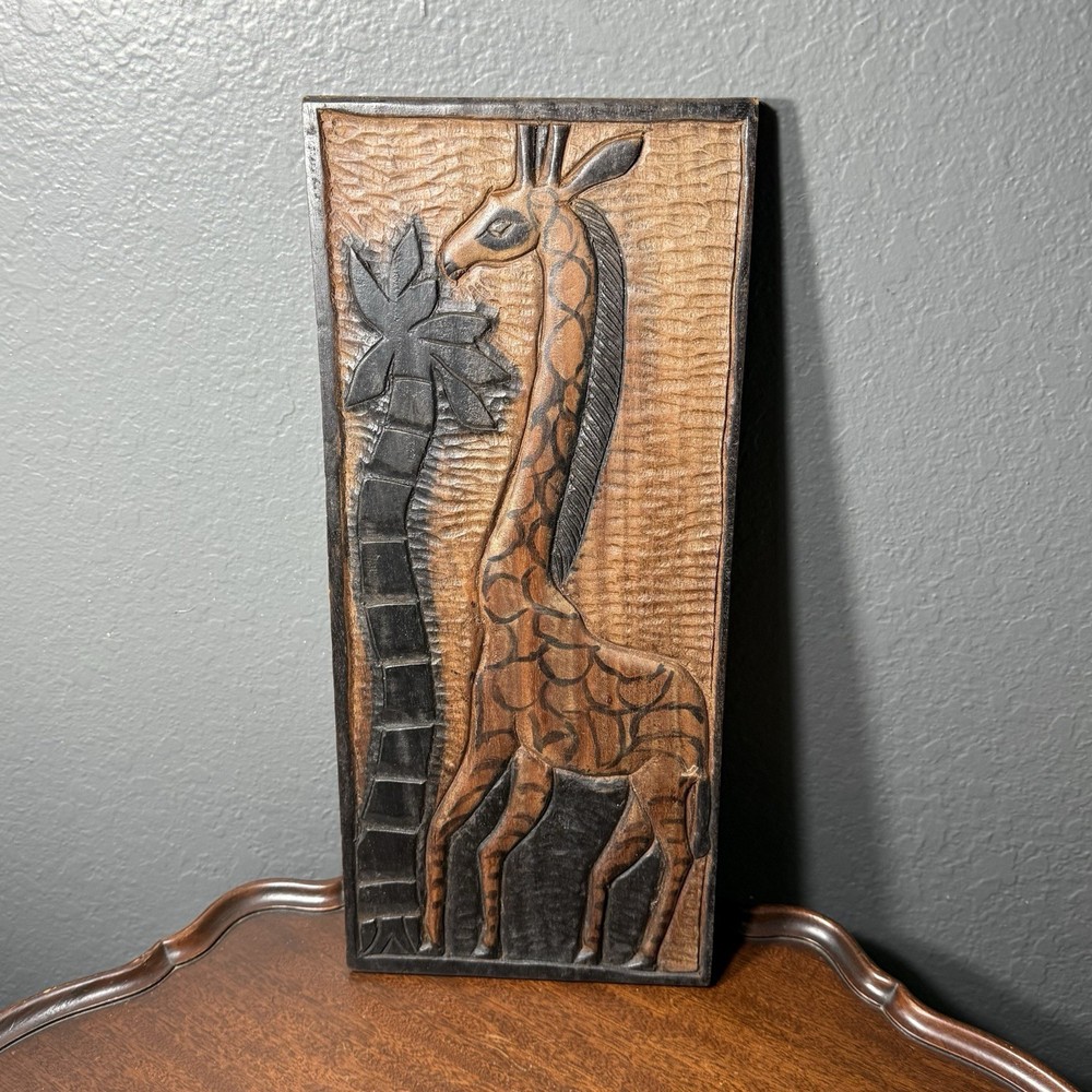 Vintage Handcrafted Giraffe Wall Hanging Wood Art Panel Carving 17.5″x7″