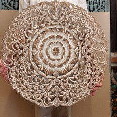 Teak Wood Wall Art 24″ Rustic Whitewash Finish Detailed Floral Mandala RS013