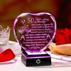 50th Wedding Anniversary Crystal Heart Keepsake K9 with Multicolor LED Base