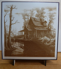 3 D Illusion ” House on the Cree Scene Wood Engraved Plaque,Wall Art,W/Stand