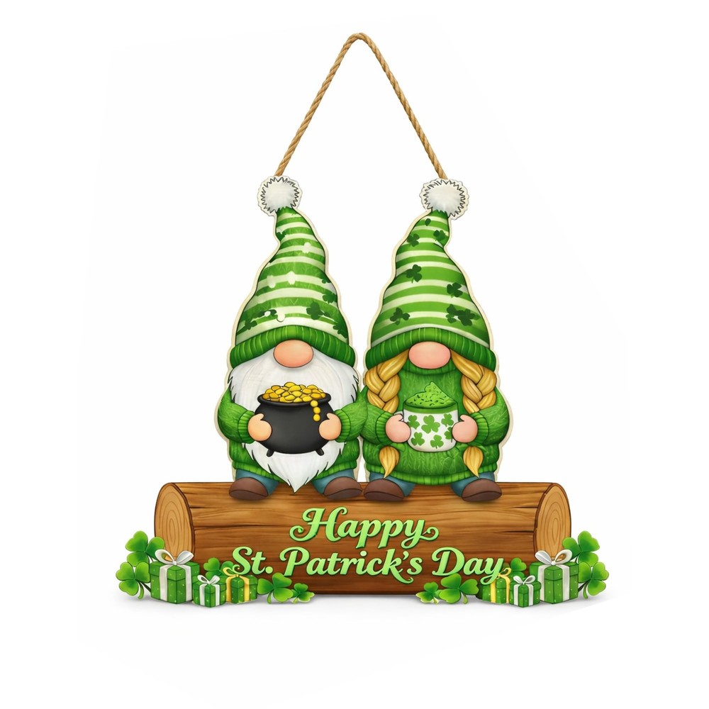 St. Patrick’s Day Door Hanger Decor – 12″ Wooden Lucky Gnomes Hanging Sign wi…