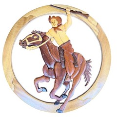 Vintage Intarsia Wood Wall Art Cowboy on Horse Western Round Plaque Handcrafted