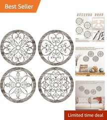 4 Pcs Rustic Hollow Carved Wall Art – Grey Wood Tone Farmhouse Decor