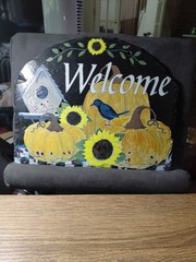 Handpainted Welcome Slate Of Birdhouse, Bird, Pumpkins And Flowers .