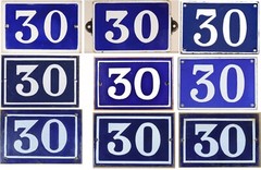 Old blue French house number 30 door gate wall fence street sign plate plaque