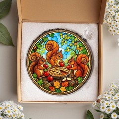 Squirrel Family Stained Glass , Apple Pie Window Hanging, Autumn Woodl