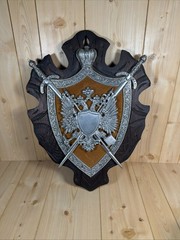 Vintage Heraldic Coat of Arms Double Headed Eagle Metal & Wood Wall Mount 20×26