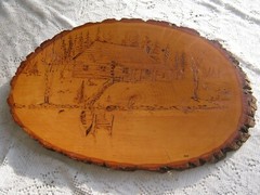 Vintage Wood Slice Wall Plaque Cabin on the Lake scene wood burning art decor