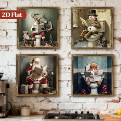 4Pcs Santa Snowman Reindeer Toilet Framed Wall Decor Christmas Wooden Sign Gift