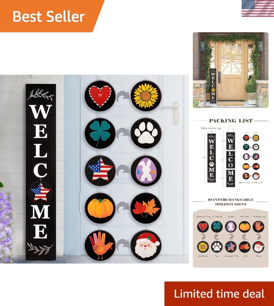 Charming Rustic Welcome Sign for Front Porch – 10 Interchangeable Icons Included