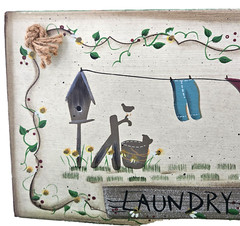 Laundry Room Wall Sign Wooden Painted Birdhouse Clothesline Floral 12″Lx5″
