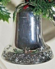 Vintage Glittery Merry Christmas Sign W/Flocked Poinsettia, Plastic Silver Bells