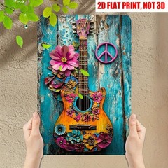 Boho Guitar Metal Sign Aluminum Sign 8×12 Funny Floral Peace Hippie Decor