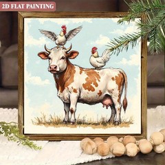 Spotted Cow With Two Chickens Farm Animal Wooden Plaque Rustic Country Decor