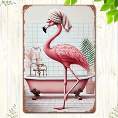 [Rustic Finish] Charming Pink Flamingo in Bathtub Tin Metal Signs Wall Art- Vint