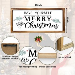 Merry Christmas Sign with Solid Wood Framed, 16 x 8 Inchs Wooden Sign for Chr…