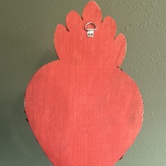 Vintage Mexican Folk Art Carved Wood Flaming Sacred Heart Milagros Medals