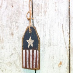 Primitive Wood American Flag Hanging Sign July 4th Star Stripe Patriotic Tag