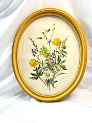 Vtg 50s Yellow Framed Oval Floral Print Daisy Wildflower AMTR Art Cottage Granny