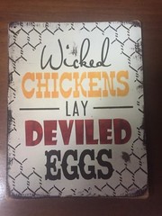 TIN SIGN “Wicked Eggs” Dairy Food Kitchen Farm Decor Vintage Rooster Chick Farm