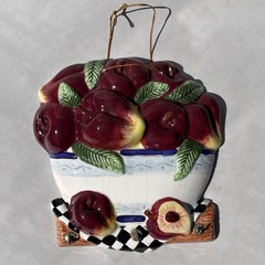 Vintage Cottagecore Ceramic Apples with hooks Hanging Plaque, 7.5” x 7”