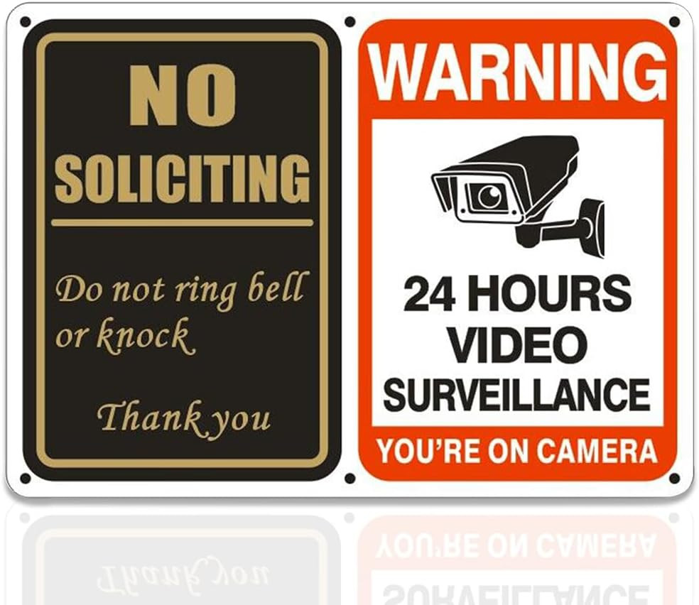 No Soliciting Sign & 24 Hours Surveillance Sign 2 in 1 Aluminum UV Ink Printed Y