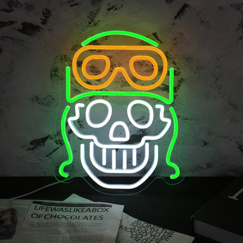 Cool Green Aviator Skeleton Neon Light, Unique Día de los Muerto Themed Wall Art