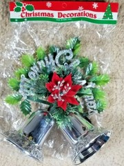 Vintage Glittery Merry Christmas Sign W/Flocked Poinsettia, Plastic Silver Bells