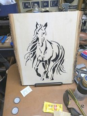 Rustic Wood Horse Silhouette Wall Plaque, Rectangular, Beige/Black On Live Edge