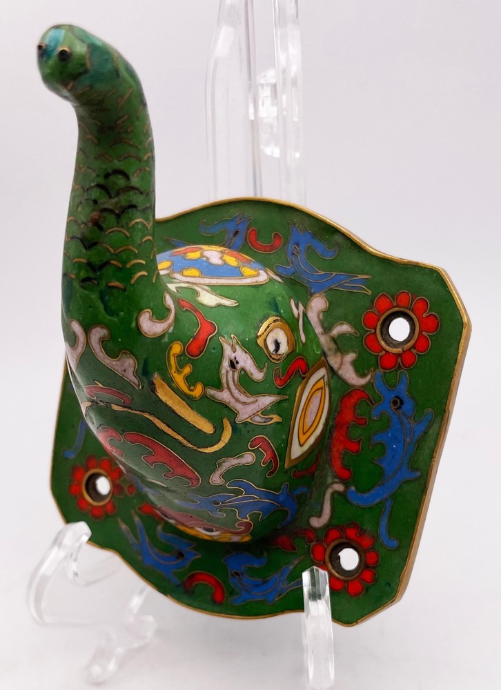 VTG Green Cloisonne Elephant Hanging Wall Plaque Small 3″ Trunk Up Waving