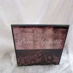 ‘BON APPETIT’ & ‘Never closed KITCHEN’ plaques 12×12″ pastel browns 2 (pantry)