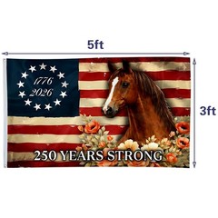 Horse American 250 Years Strong Horse Flag Banner 3x5Feet with Brass Grommets