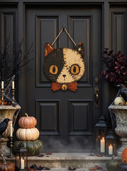 Halloween Door Hanger, Vintage Halloween Decor Outdoor, Cat Decor, Horror Decor