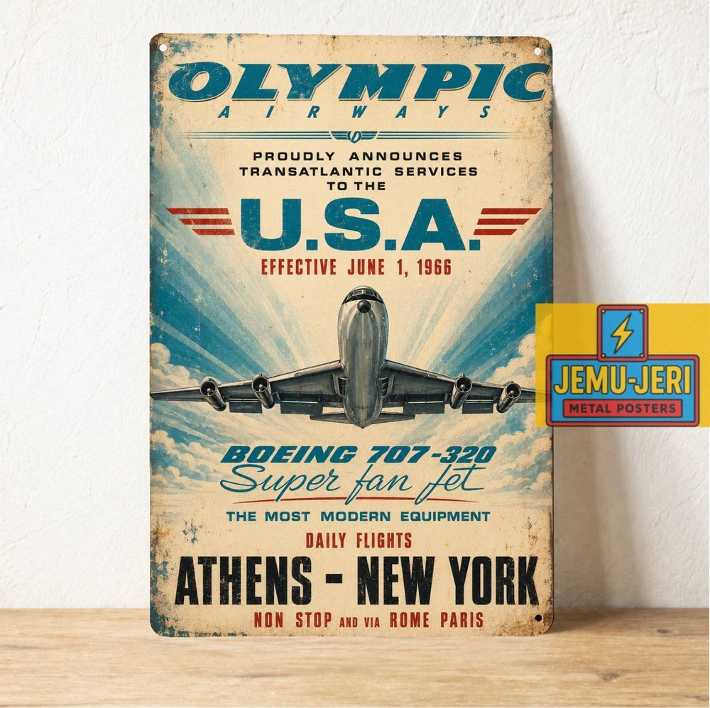 Olympic Airways Boeing 707-320 Athens New York Metal Poster Tin Sign 20x30cm