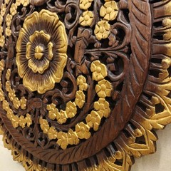 24″ Round Teak Wood Wall Art Hand Carved Floral Mandala Gold Dark Brown RS010