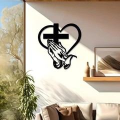 Elegant Metal Christian Heart & Cross Wall Art, Praying Hands Design, Decorat…